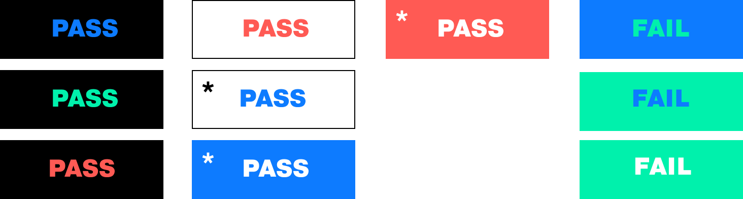 Multiple instances of 2 colors overlapping to show which pairings are acceptable and which are not
