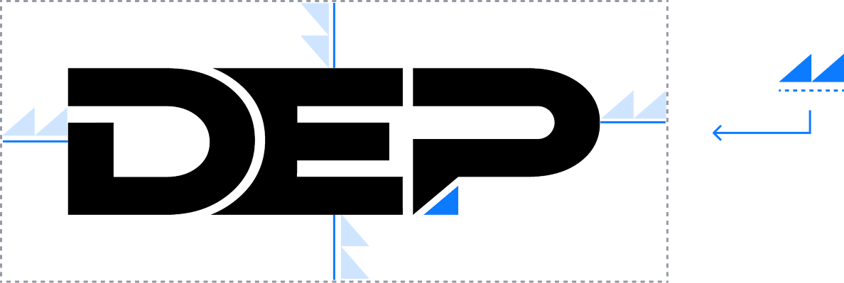 Diagram of the DEP logo showing the width of 2 triangles as the minimum clear space around the logo