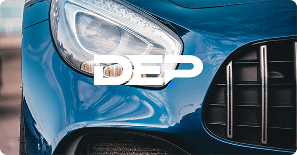 DEP logo where the blue triangle is on top of a blue background object